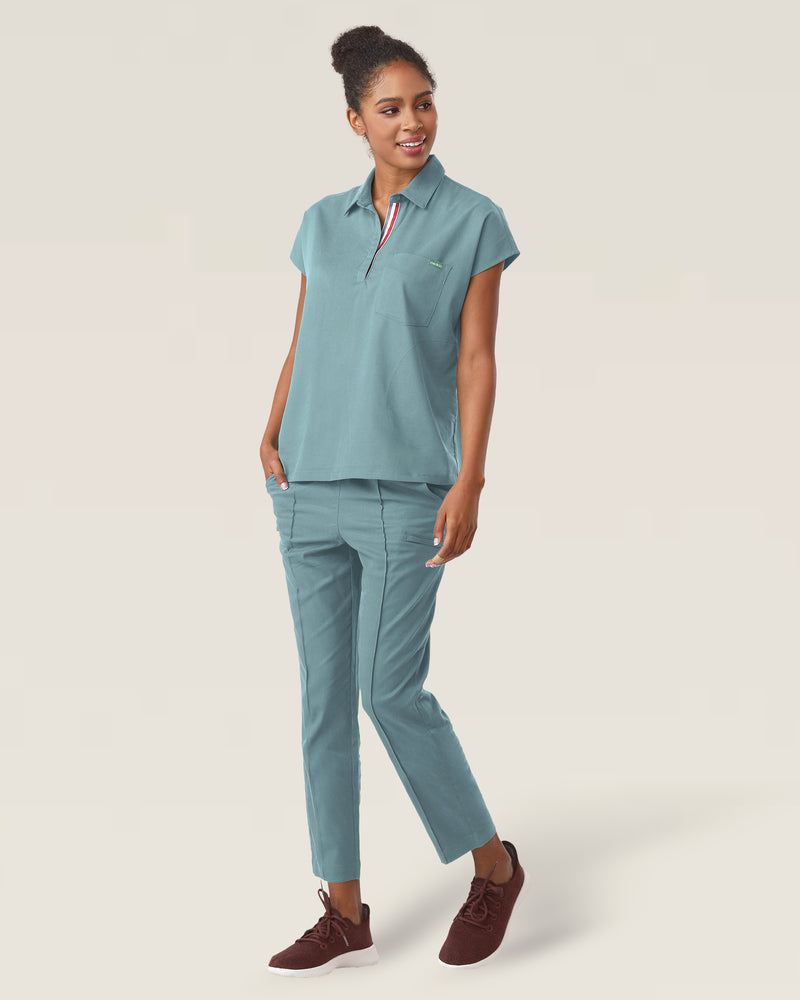Stone Blue Capri Collared Scrub Top Tencel - Zoomed Out Front View