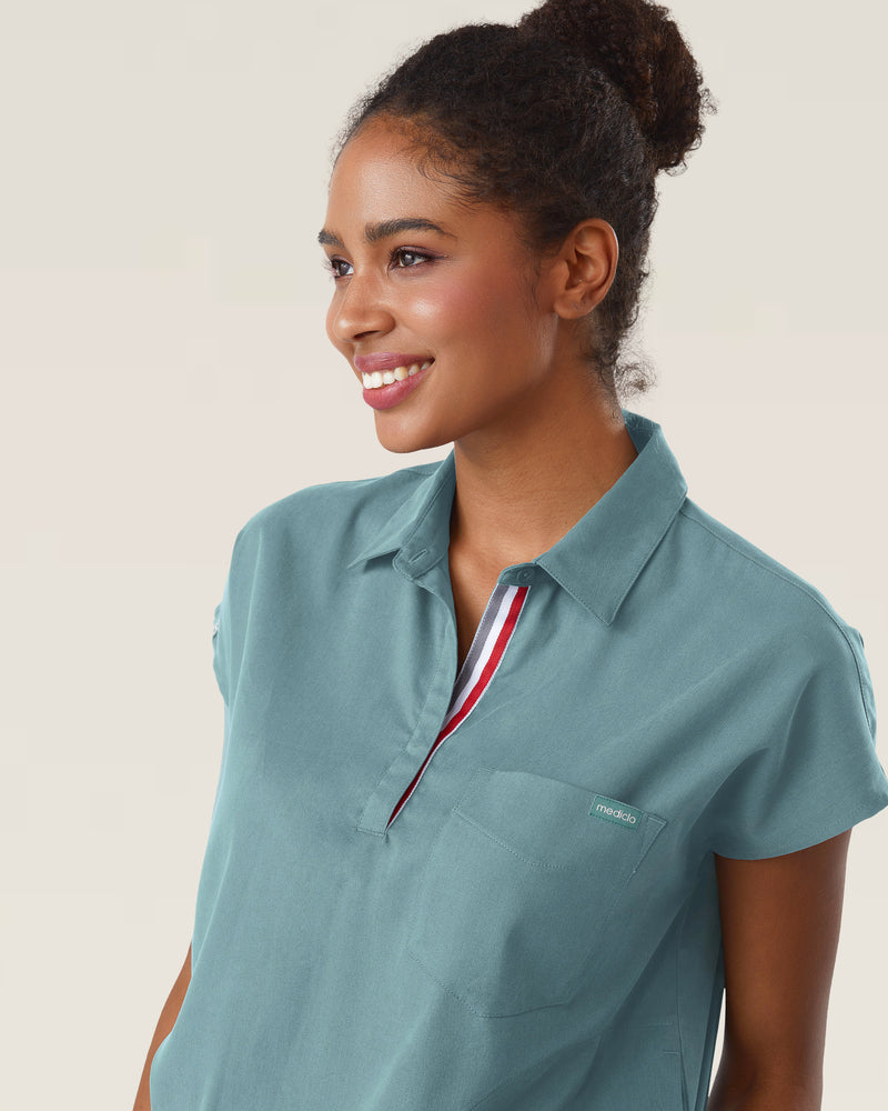 Stone Blue Capri Collared Scrub Top Tencel - Front Close Up View