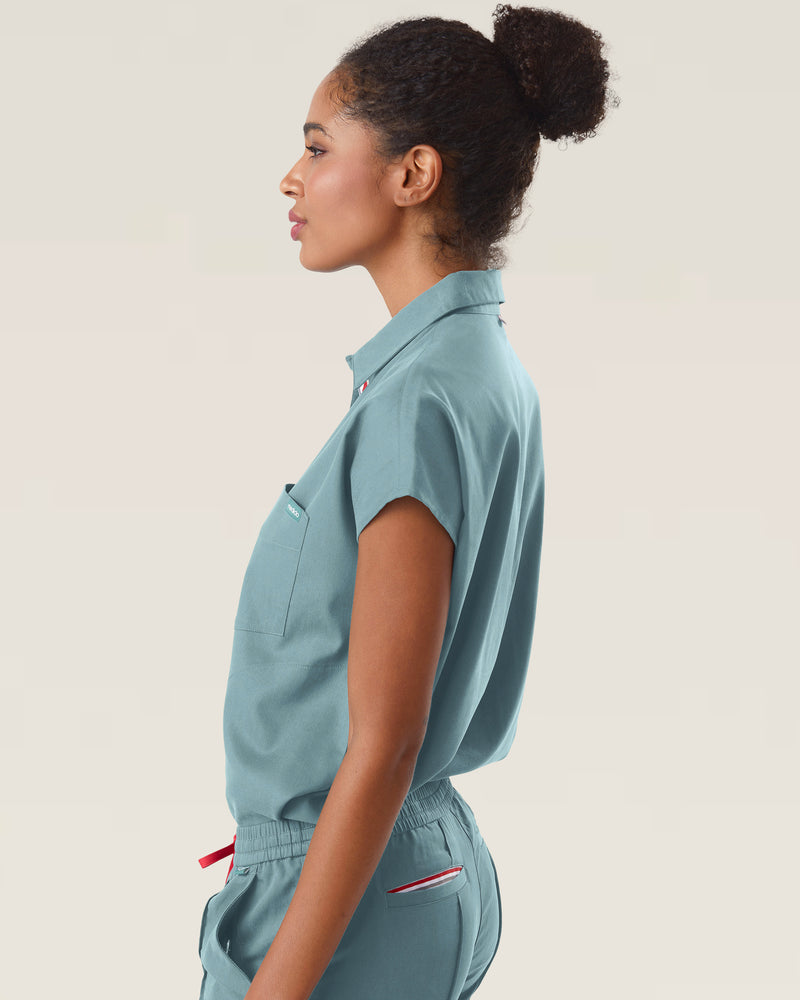 Stone Blue Capri Collared Scrub Top Tencel - Side View