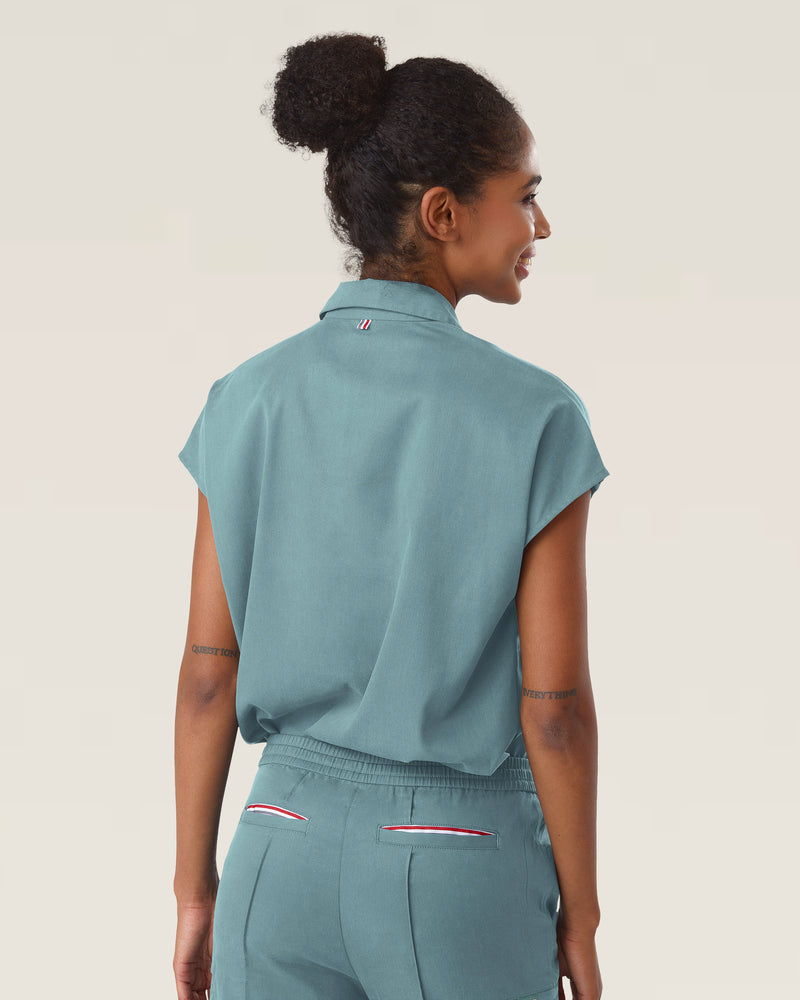 Stone Blue Capri Collared Scrub Top Tencel - Back View