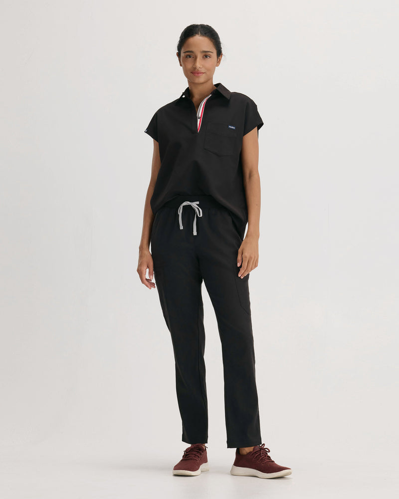 Black Moana Capri Collared Scrub Top Fysel - Zoomed Out Front View