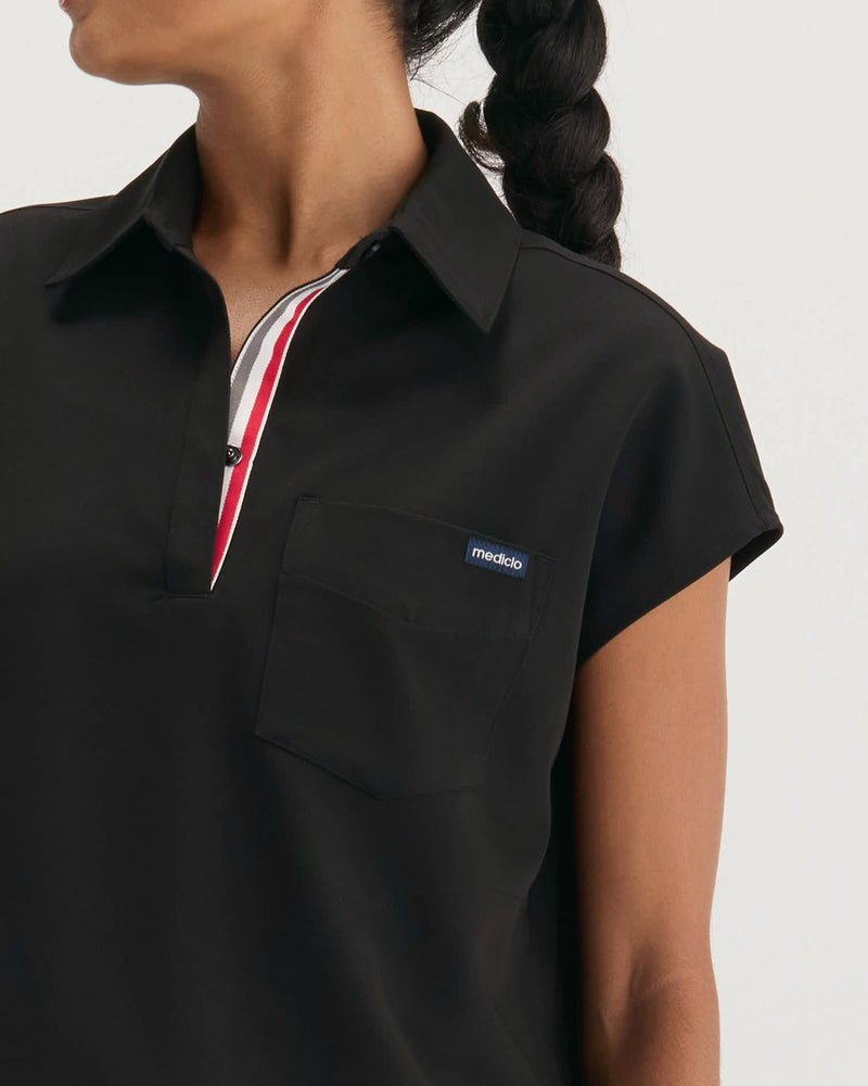 Black Moana Capri Collared Scrub Top Fysel - Close Up View