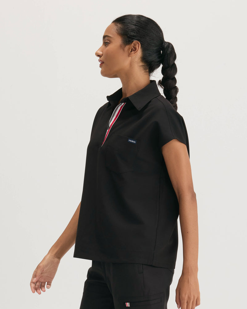 Black Moana Capri Collared Scrub Top Fysel - Side View