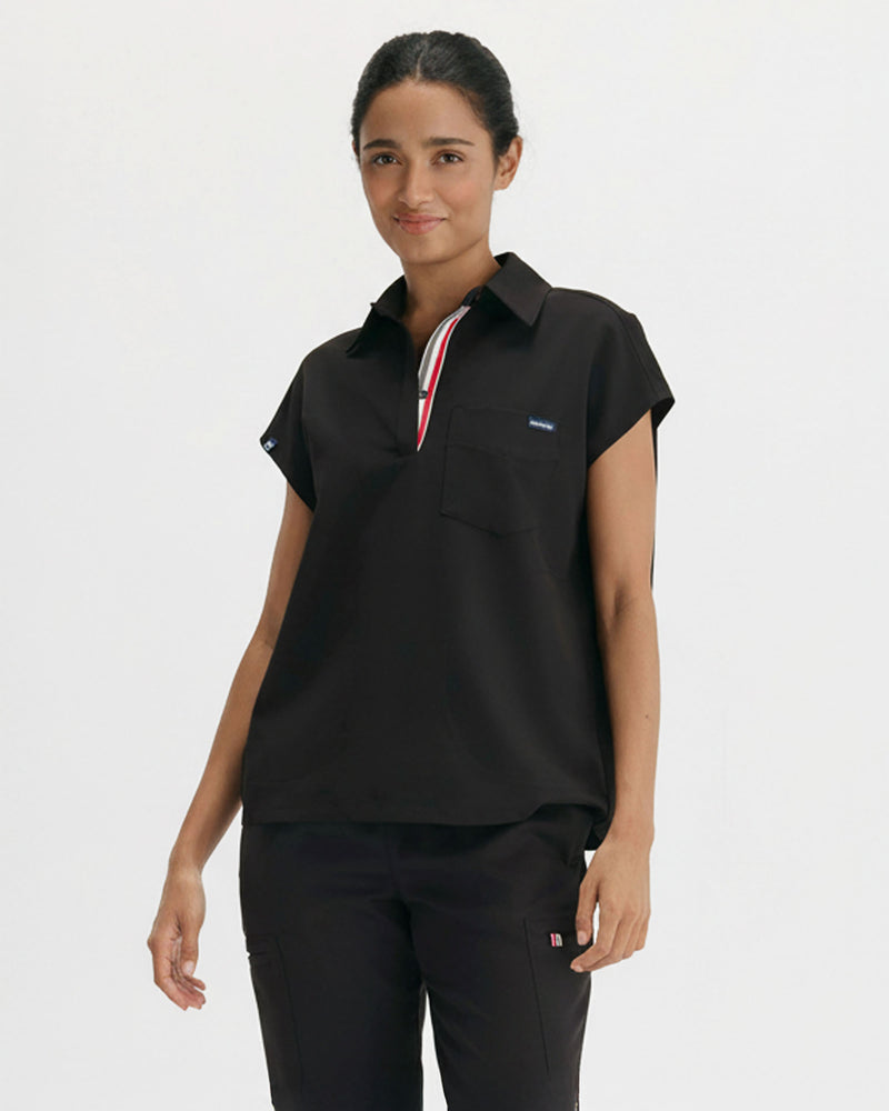 Black Moana Capri Collared Scrub Top Fysel - Front View