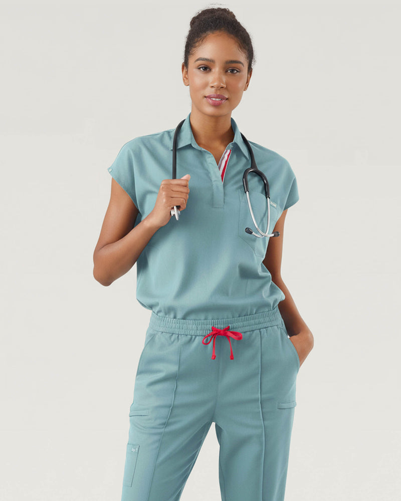 Stone Blue Capri Collared Scrub Top Tencel - Front View