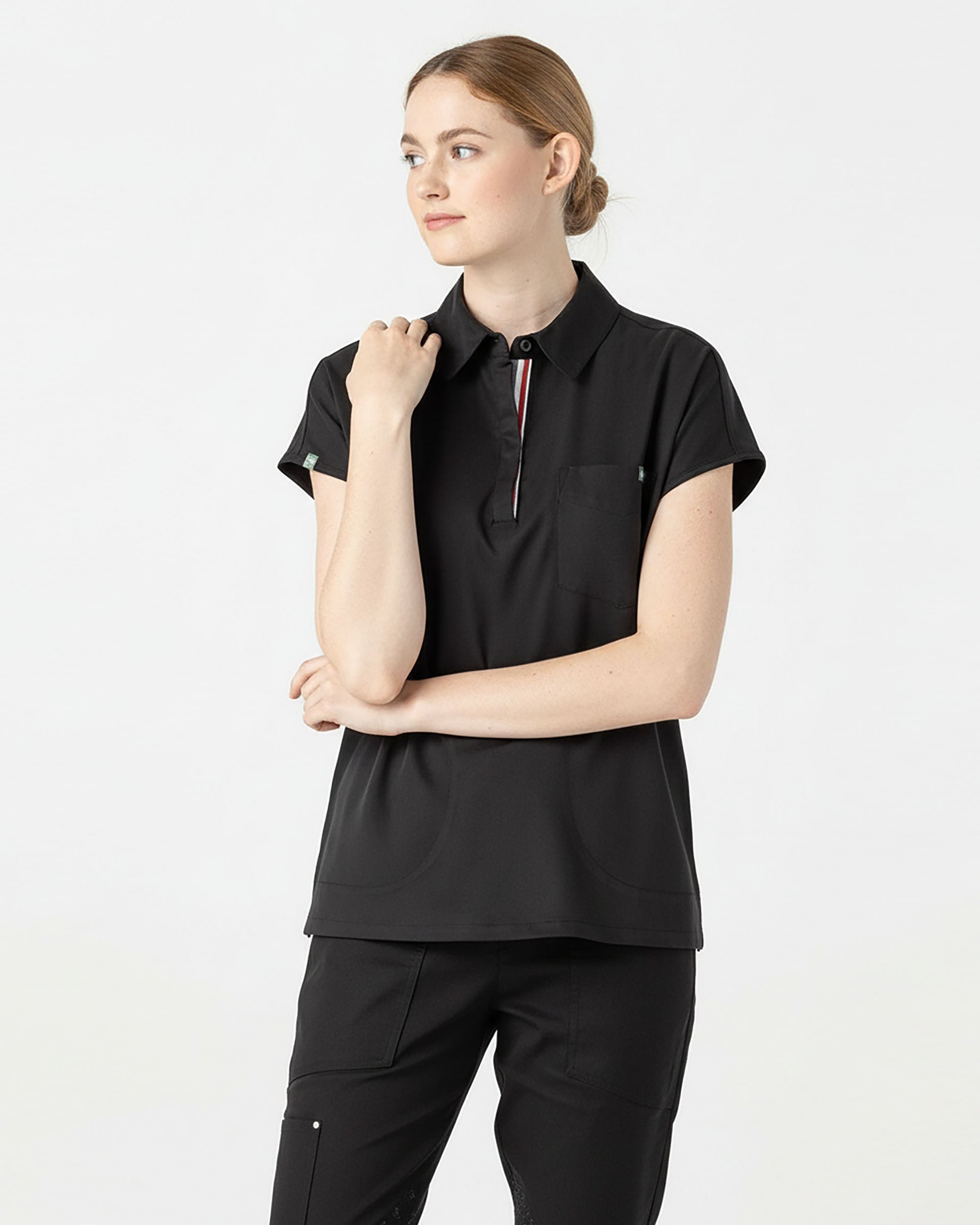 trina turk halter dress Mediclo Women's Capri Collared Scrub Top - Black/M - Tencel - Recycled Polyester - Spandex
