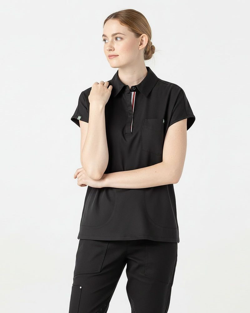 Black Capri Collared Scrub Top Tencel - Front View