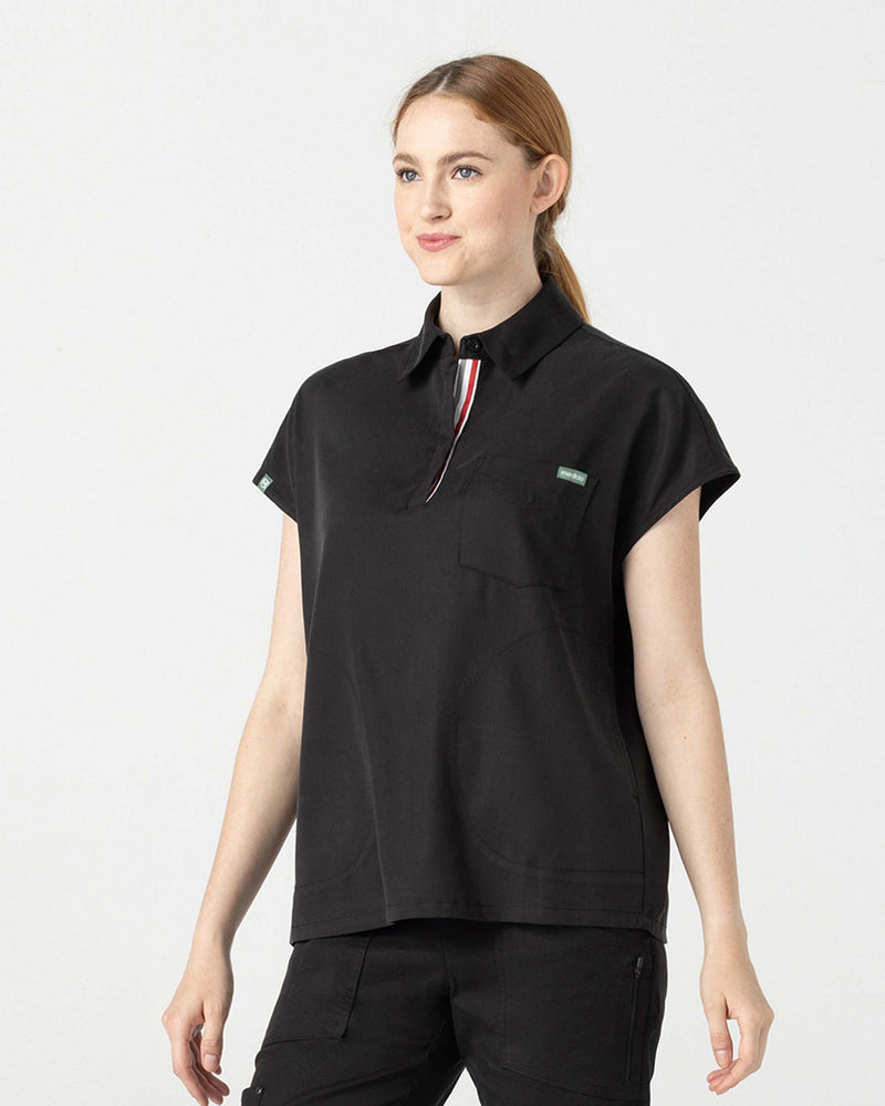 Black Capri Collared Scrub Top Tencel - Front Side View