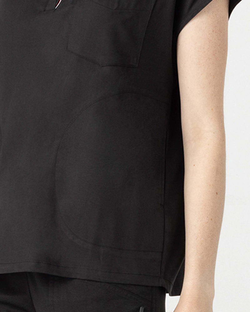 Black Capri Collared Scrub Top Tencel - Close Up Pocket Front View