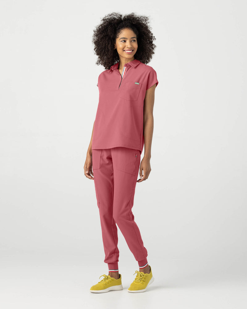 Mauve Capri Collared Scrub Top Fysel - Zoomed Out Front View