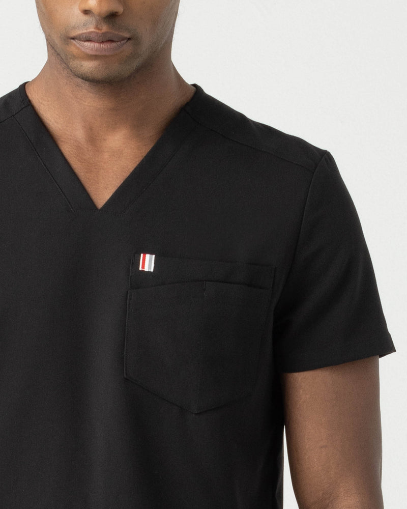 Black Crevan Essential Scrub Top Fysel - Close Up Front Pocket View