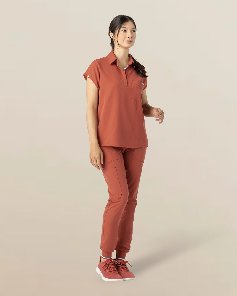 Terracotta Capri Collared Scrub Top Fysel - Zoomed Out Front View