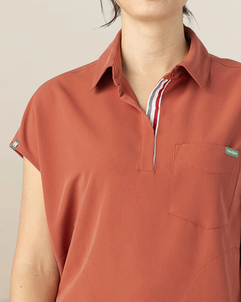 Terracotta Capri Collared Scrub Top Fysel - Close Up View