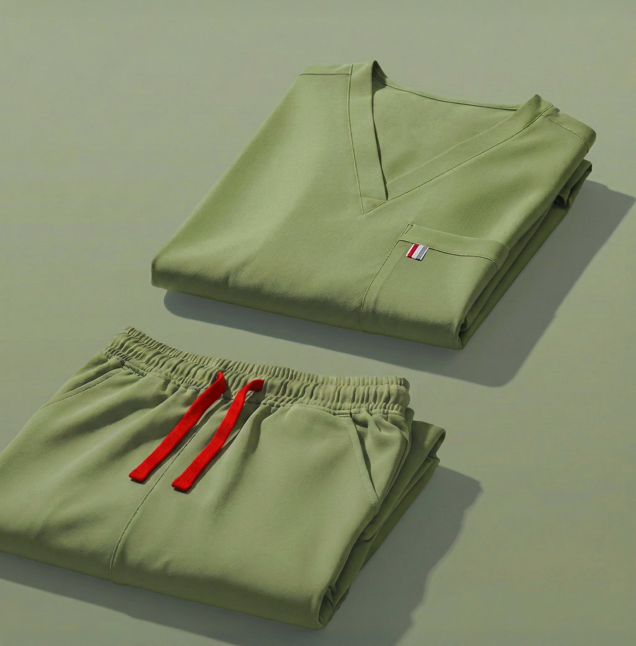 aerial view of avocado mediclo scrub tops and pants folded neatly on a studio floor.