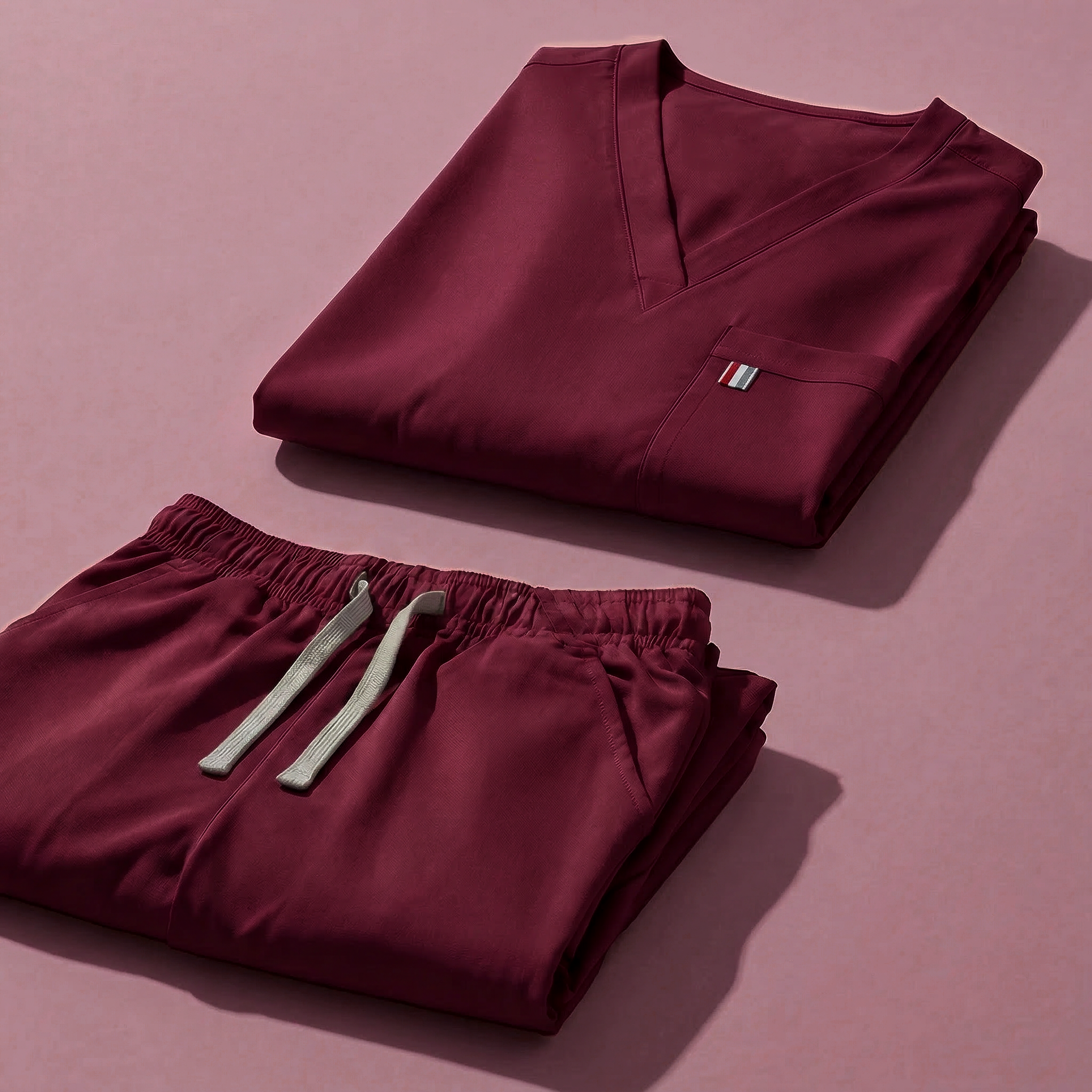 aerial view of burgundy mediclo scrub tops and pants folded neatly on a studio floor.