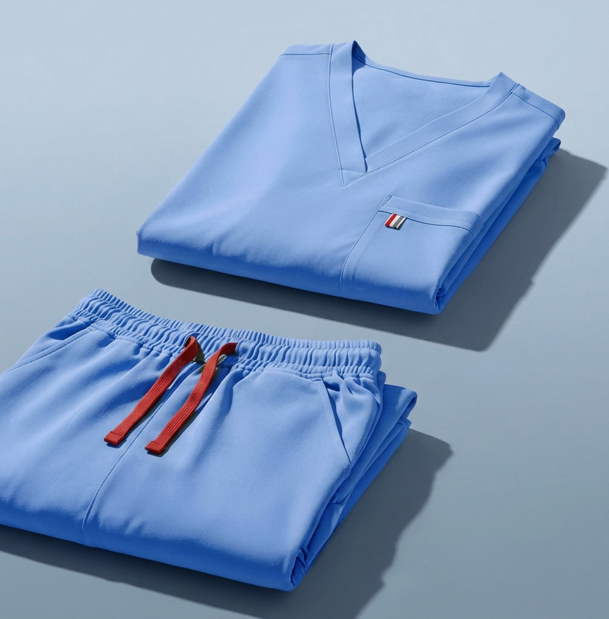 aerial view of ceil blue mediclo scrub tops and pants folded neatly on a studio floor.