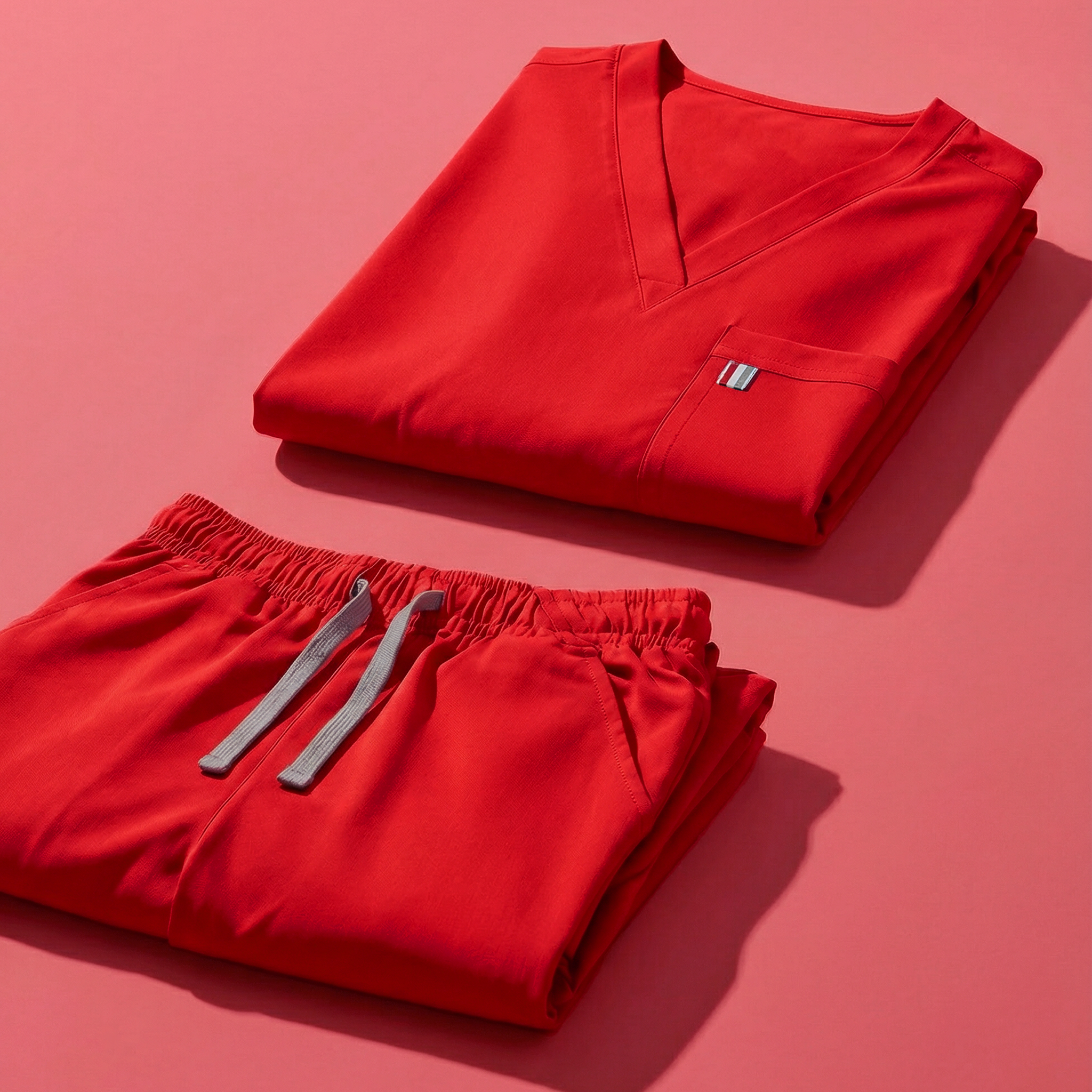 aerial view of fire red mediclo scrub tops and pants folded neatly on a studio floor.