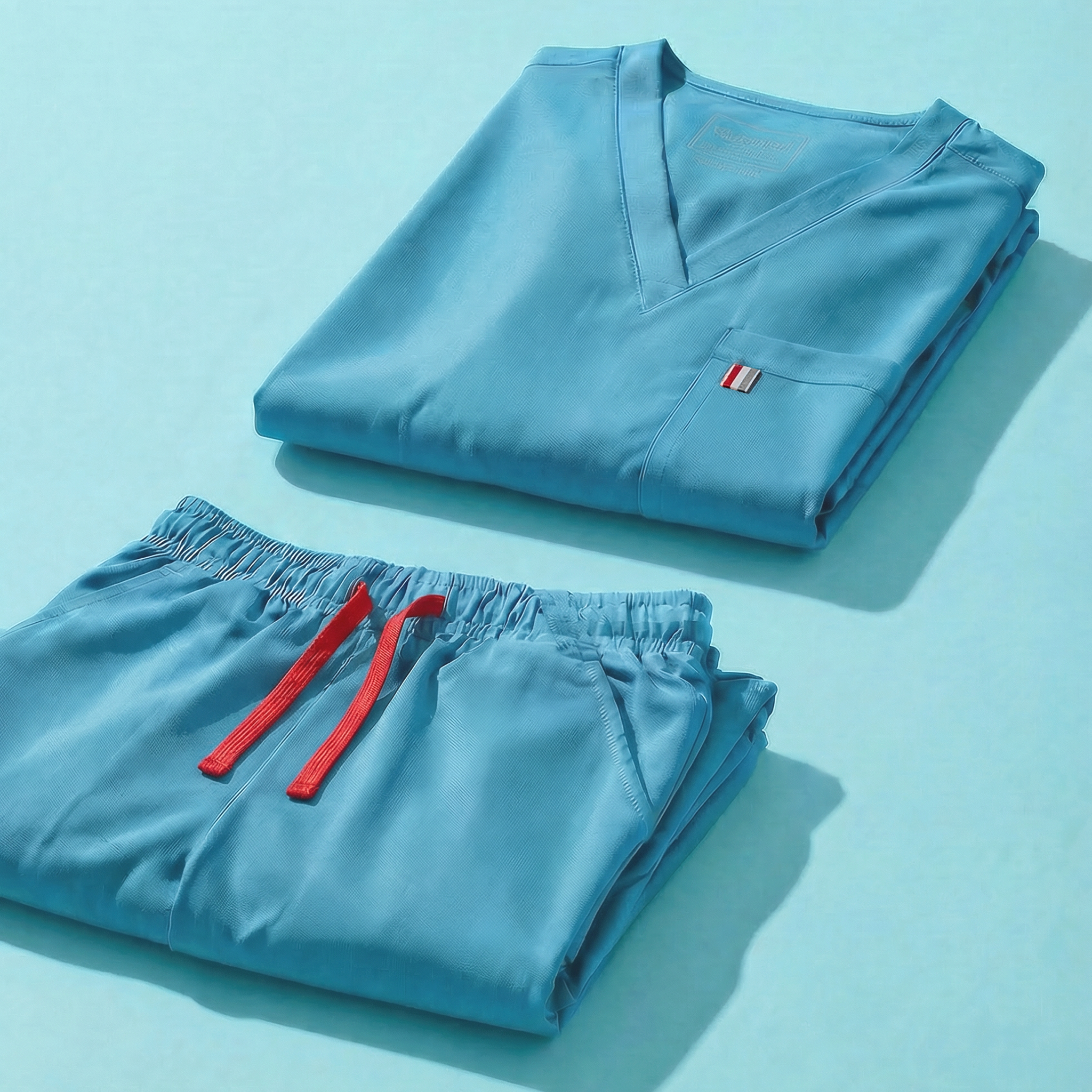 aerial view of island blue mediclo scrub tops and pants folded neatly on a studio floor.
