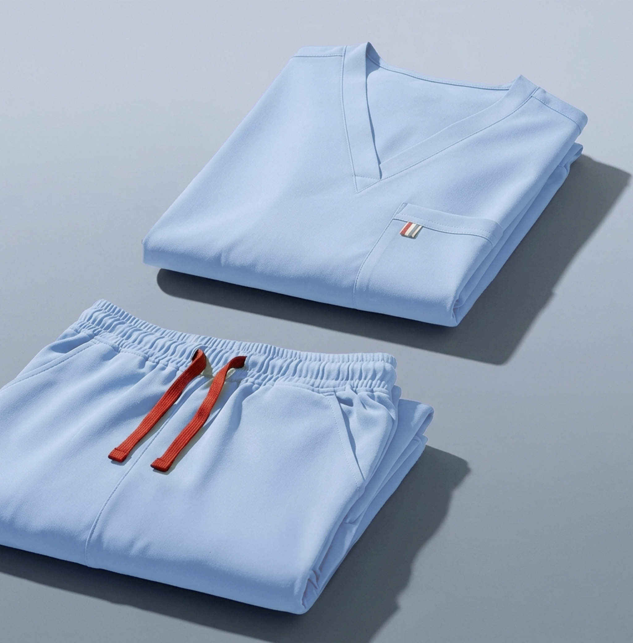 aerial view of light denim blue mediclo scrub tops and pants folded neatly on a studio floor.