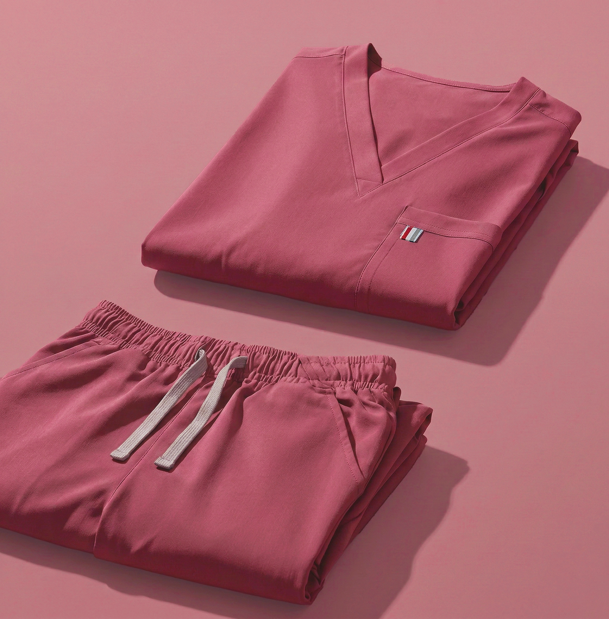 aerial view of mauve mediclo scrub tops and pants folded neatly on a studio floor.