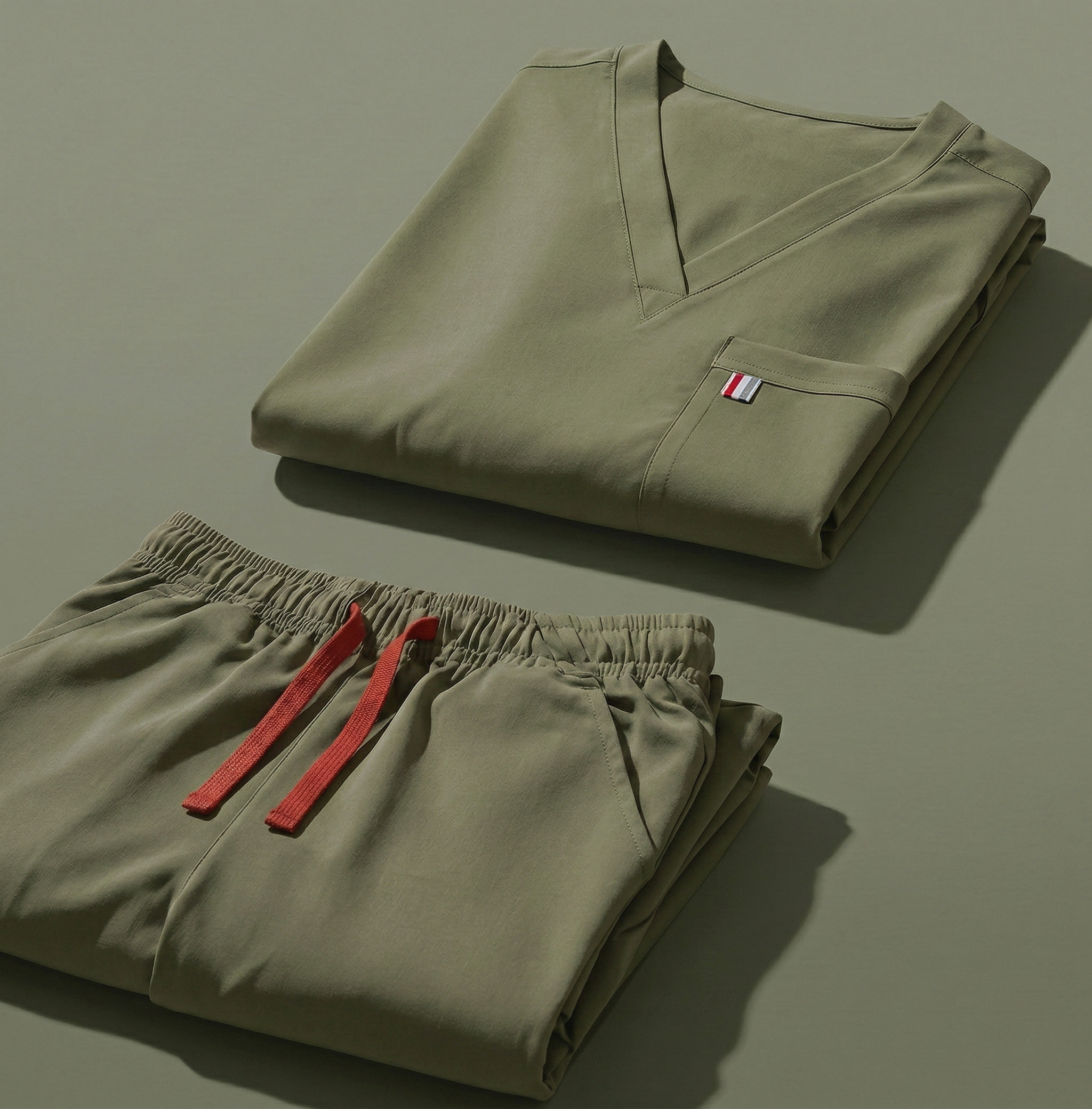 aerial view of olive green mediclo scrub tops and pants folded neatly on a studio floor.