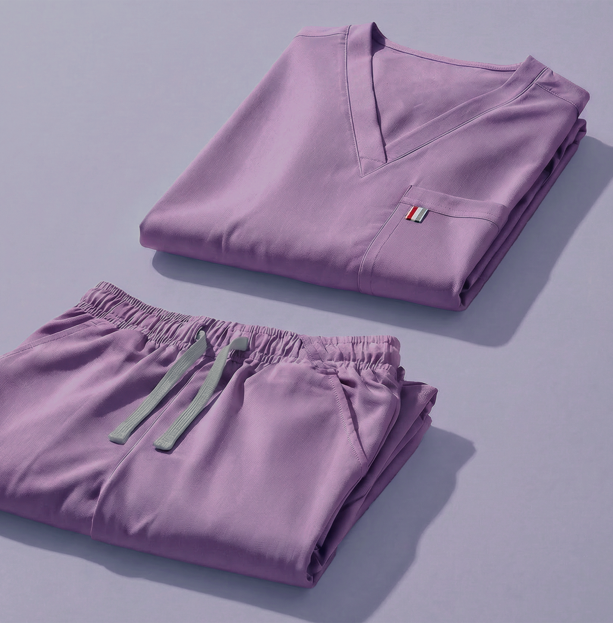 aerial view of orchid purple mediclo scrub tops and pants folded neatly on a studio floor.