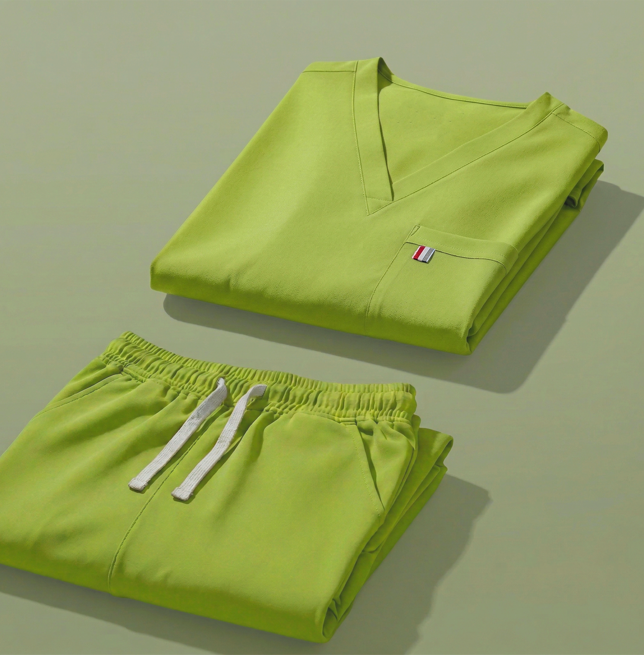 aerial view of paradise green mediclo scrub tops and pants folded neatly on a studio floor.