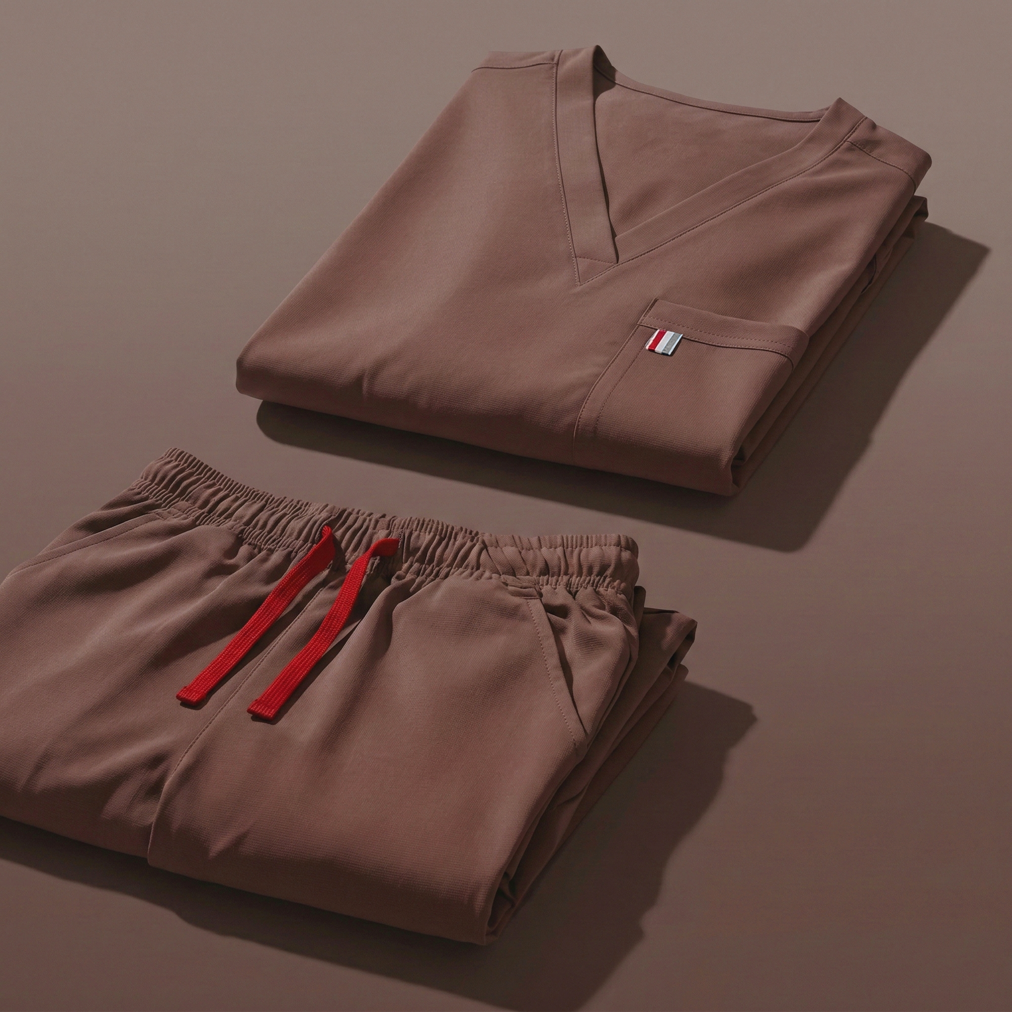 aerial view of pinecone mediclo scrub tops and pants folded neatly on a studio floor.