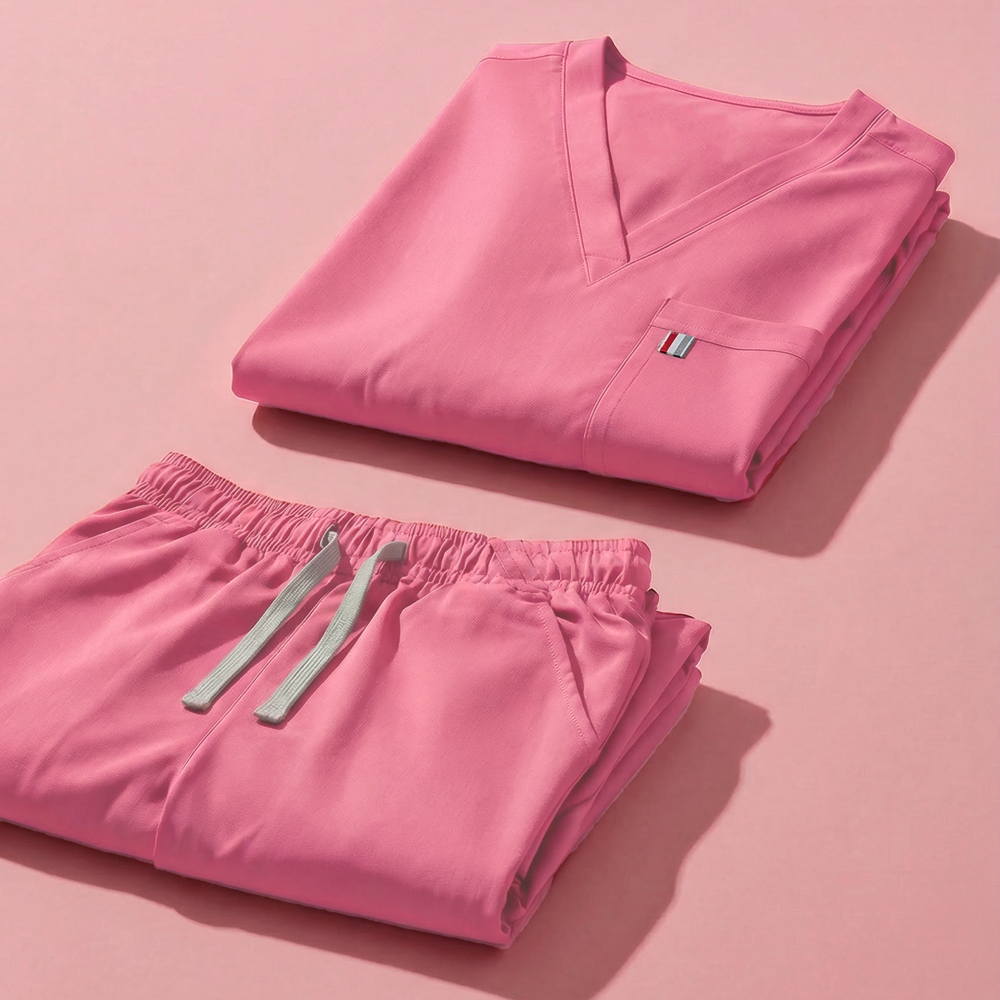 aerial view of rose pink mediclo scrub tops and pants folded neatly on a studio floor.