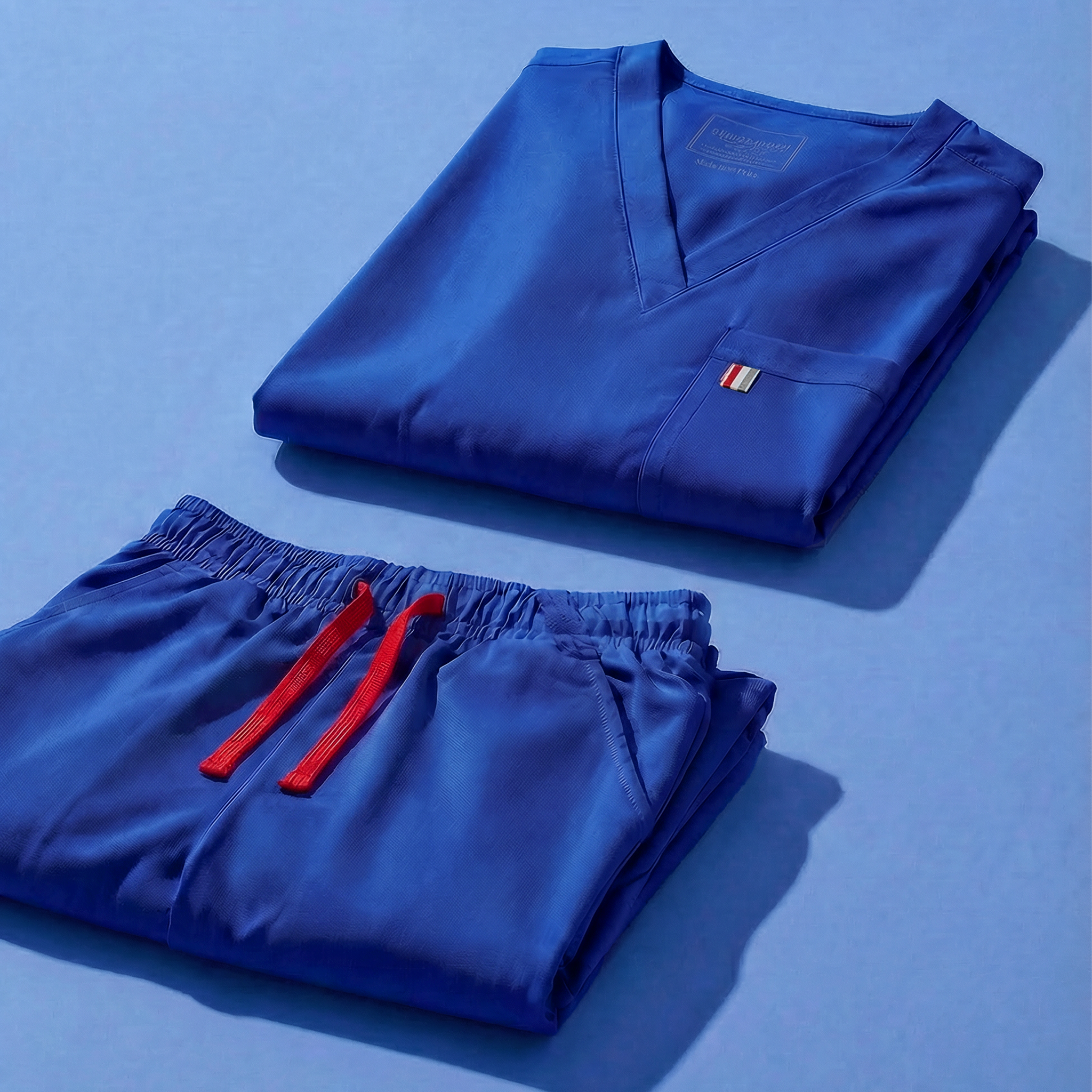aerial view of royal blue mediclo scrub tops and pants folded neatly on a studio floor.