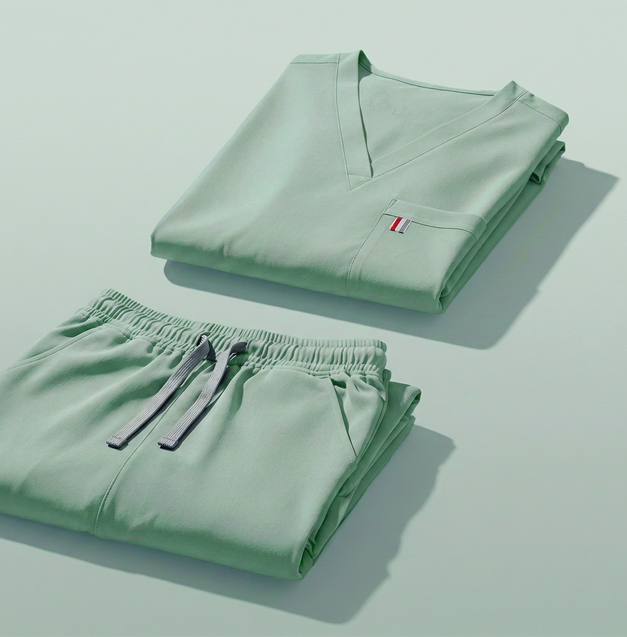 aerial view of sage green mediclo scrub tops and pants folded neatly on a studio floor.