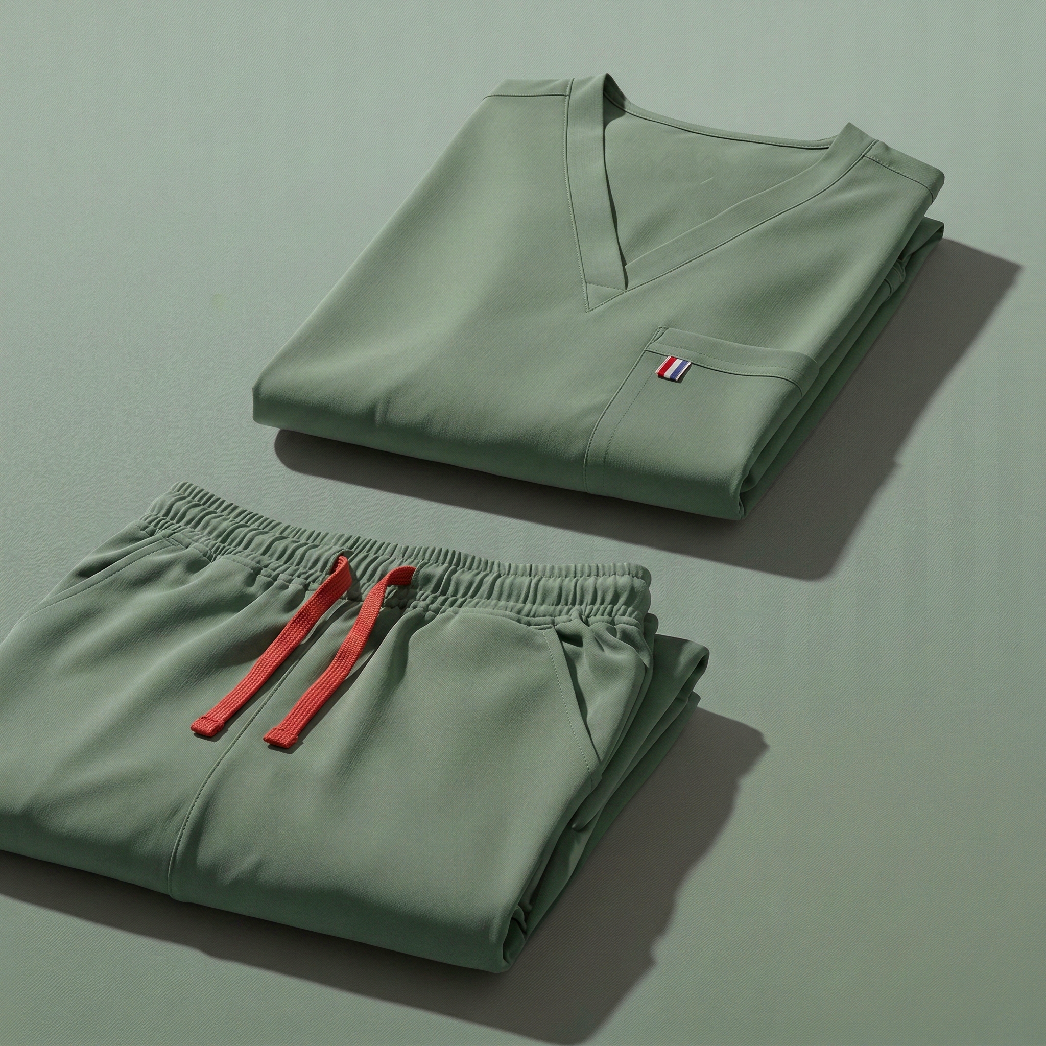 aerial view of spruce green mediclo scrub tops and pants folded neatly on a studio floor.