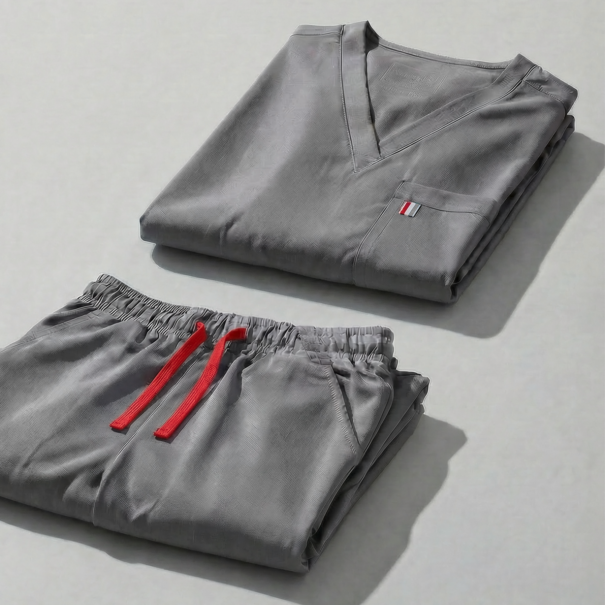 aerial view of steel grey mediclo scrub tops and pants folded neatly on a studio floor.