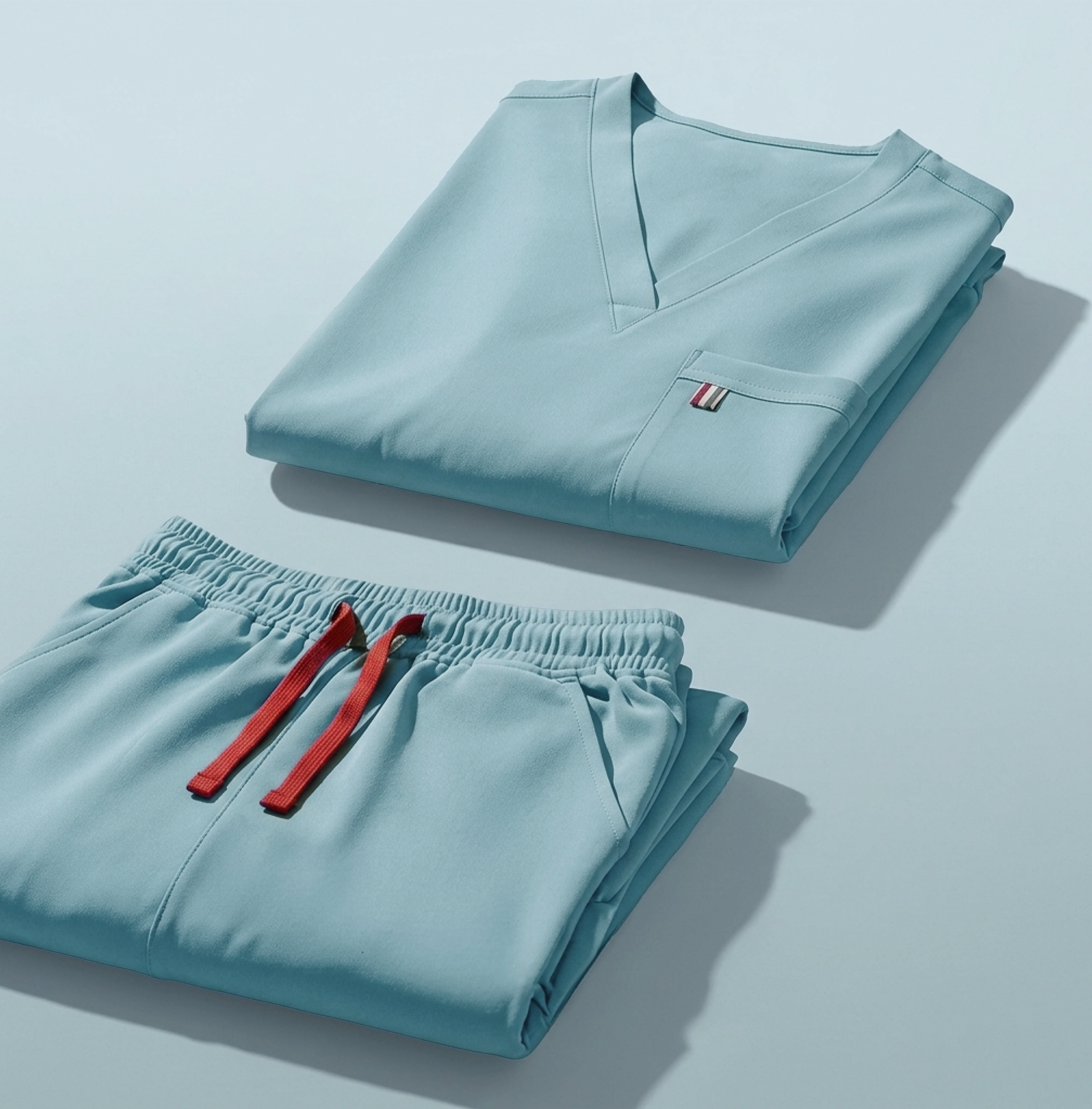 aerial view of stone blue mediclo scrub tops and pants folded neatly on a studio floor.