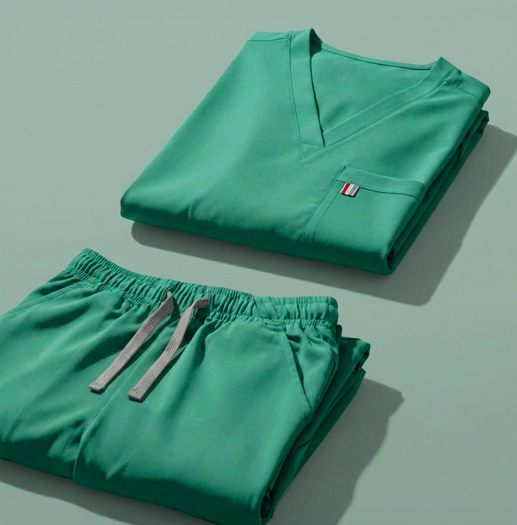 aerial view of surgical green mediclo scrub tops and pants folded neatly on a studio floor.