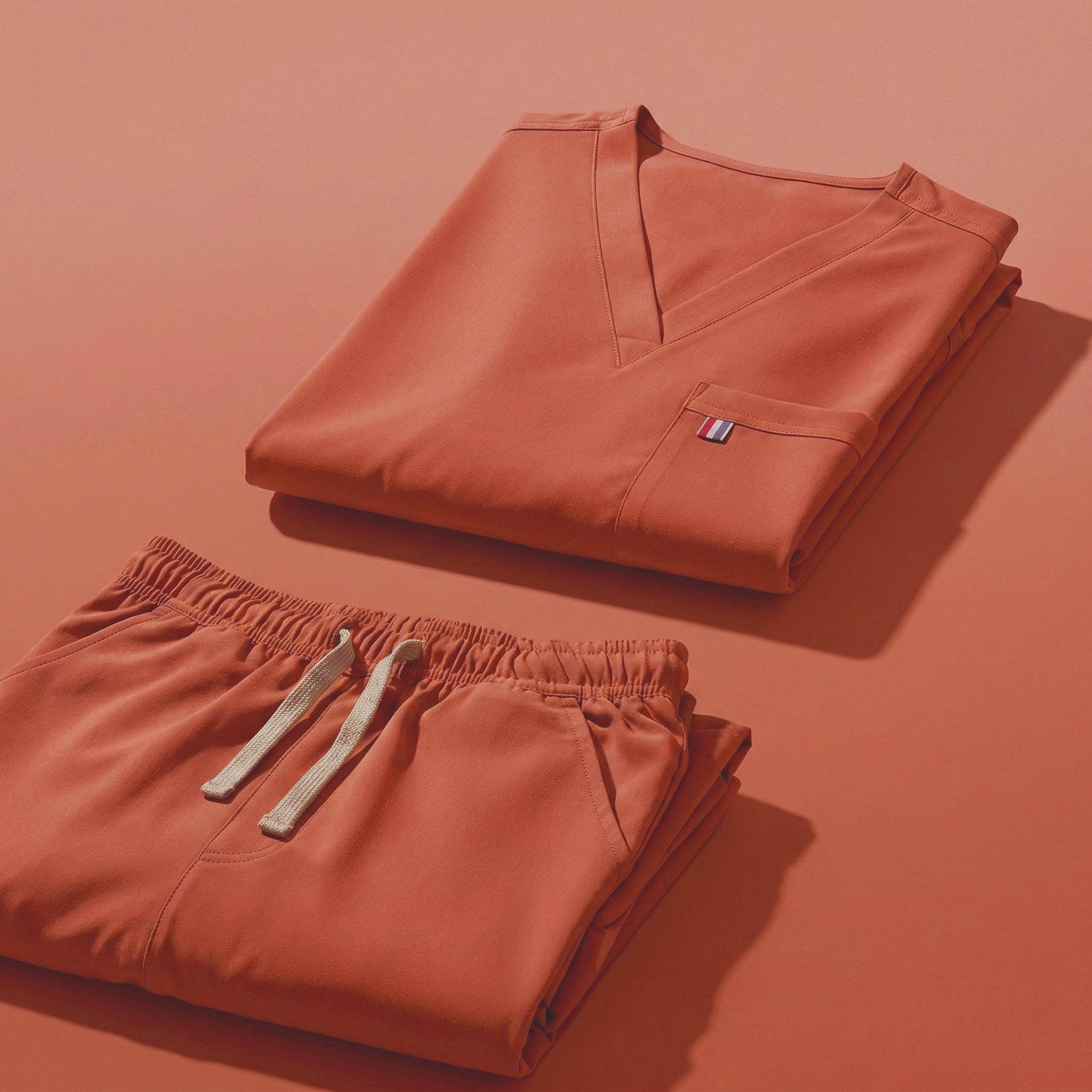 aerial view of terracotta mediclo scrub tops and pants folded neatly on a studio floor.