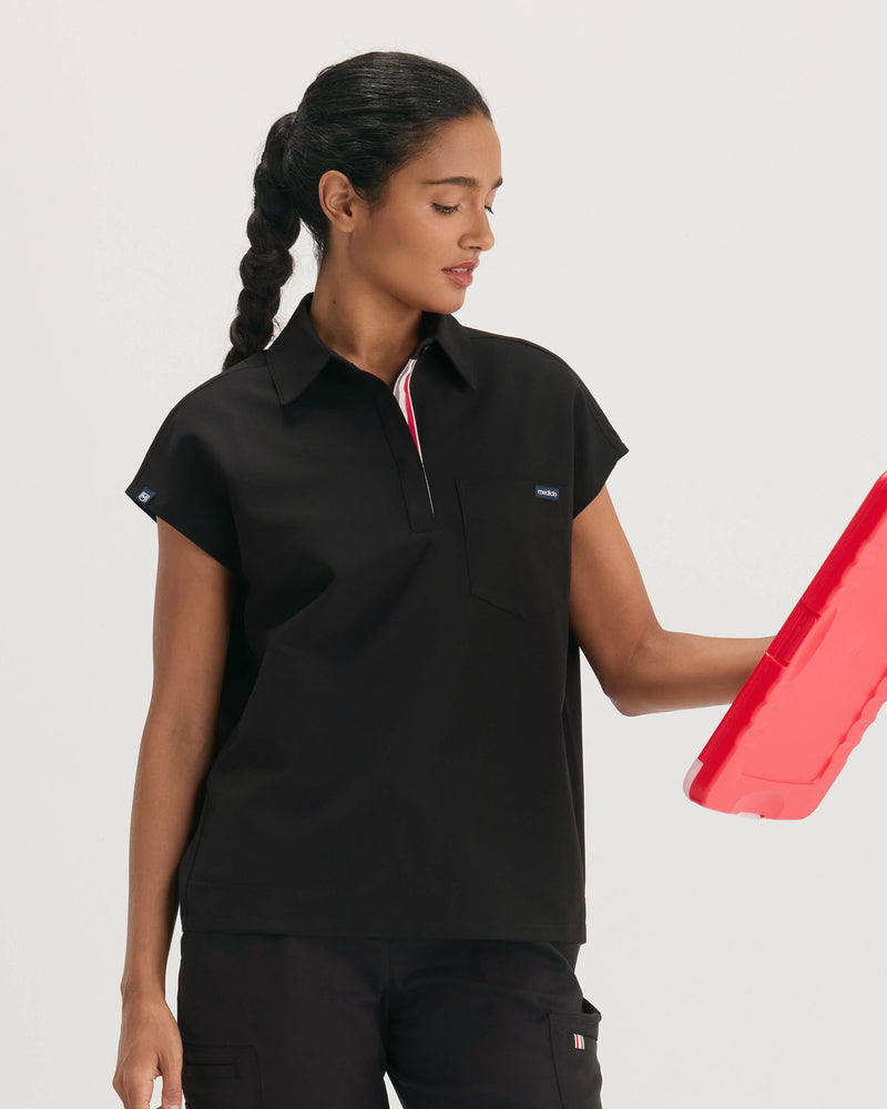 Black Moana ‎Capri‎ ‎Collared Scrub Top Fysel - Front Side View