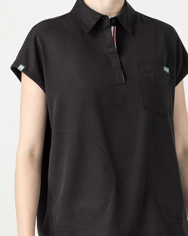 Black Capri‎ ‎Collared Scrub Top Tencel - Close Up Front View
